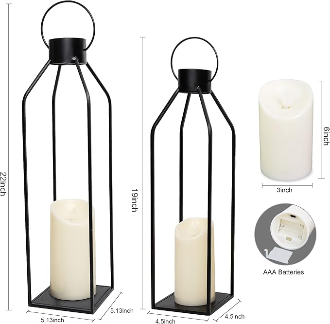 HPC Decor 22'' 19'' Lanterns Decorative w/ Flickering Timer Candles- Large Tall Black Metal Candle Lanterns Set of 2- Modern Farmhouse Decor for Indoor,Outdoor,Tabletop,Porch (No Glass)