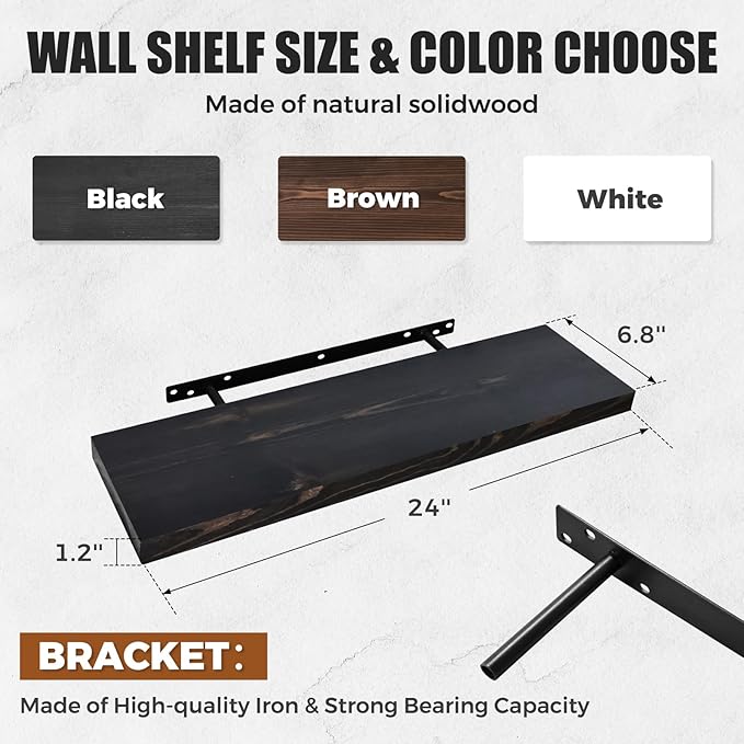 24"x6.8"x1.2" Solid Wood Floating Shelves 2-Pack - Rustic Black Finish with Hidden Brackets, Perfect for Storage and Décor in Living Room, Kitchen, Bedroom