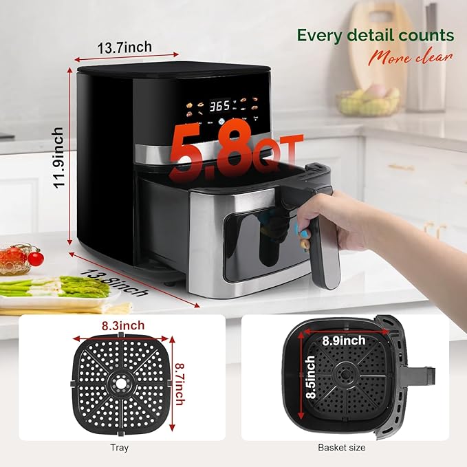 5.8QT Digital Air Fryer with Viewable Window, Adjust Temp & Timer, Air Frying, Reheat, Easy for Frozen Food, Snacks, Dinner, Large Square Basket than Round, Portable for Family & Apartment