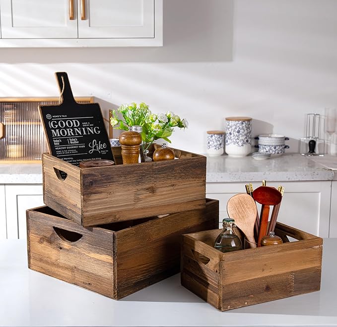 TIMRIS Set of 3 Rustic Distressed Wood Nesting Crates, Farmhouse Decorative Wooden Storage Boxes, Vintage Reclaimed Wood Baskets for Display (Natural)
