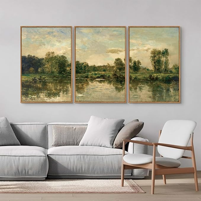 Tinonedraw Vintage Nature Framed Canvas Wall Art Set of 3, French Country Wall Decor, Olive Green Trees Art Paintings, Rustic Landscape Farmhouse Art Prints for Living Room Bedroom Office 24"x36"x3