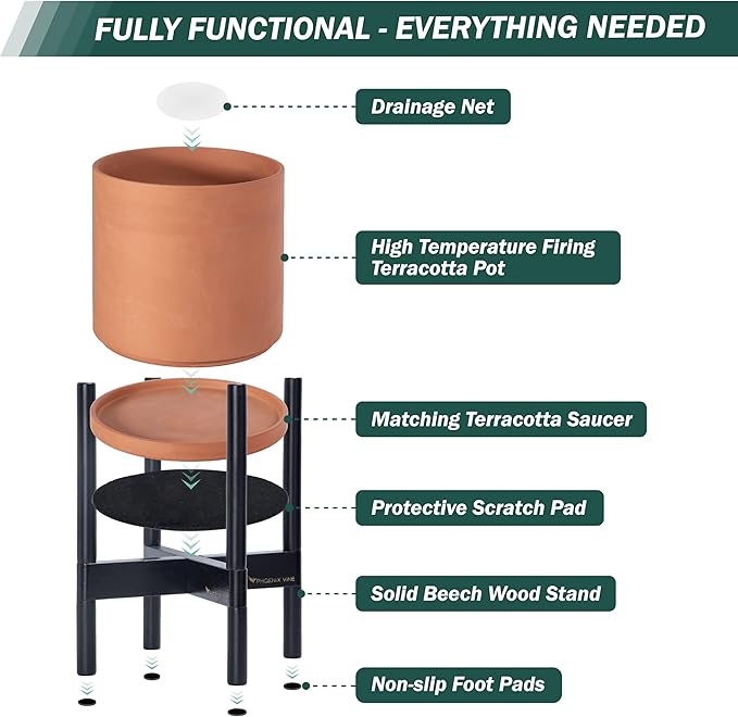 D'vine Dev Terracotta Planter with Ebony Stand - 12 Inch Modern Round Flower Pot with Wood Planter Holder, Terracotta, 55-B-H-5