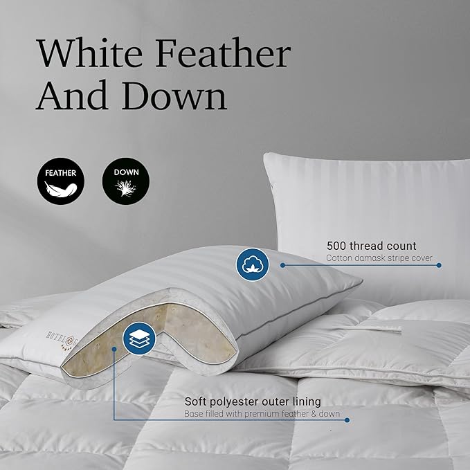 Hotel Grand Softy-Around Feather Down Pillows Standard Size Set of 2 Packs White Strip 100% Cotton Fabric Bed Pillows for All Position Sleepers,26"x20"/2 Packs