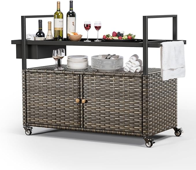 Outdoor Bar Cart with Storage Cabinet, Patio Bar Table with Tempered Glass Tabletop, Outdoor Serving Grill Cart with Rolling Wheels, Rattan Bar Cart for Patio, Backyard, Grey Wicker