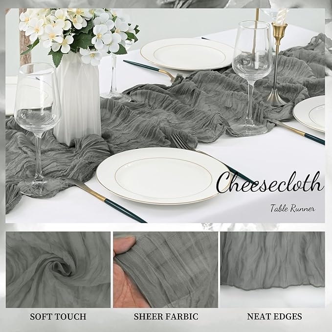12 Pack Gray 10FT Cheesecloth Table Runner Rustic Gauze Fabric Cheese Cloth Table Runner for Wedding Bridal Baby Shower Table Decor 20 x 120 Inch Long Boho Sheer Birthday Party Table Decorations