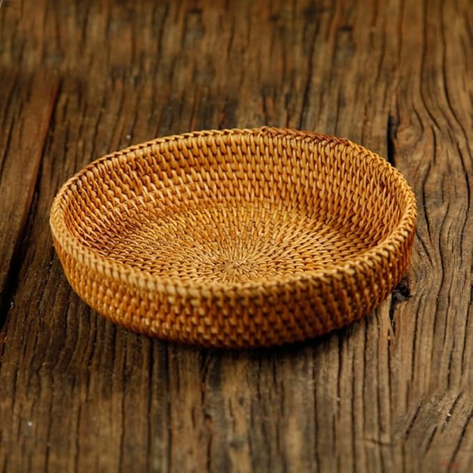 Hadewoven Round Rattan Fruit Basket Wicker Food Tray Weaving Storage Holder Dinning Room Bowl, 7”Decorative Natural Basket Woven Fruit Basket Bowl for Entryway Table, Countertop (Small 7”)