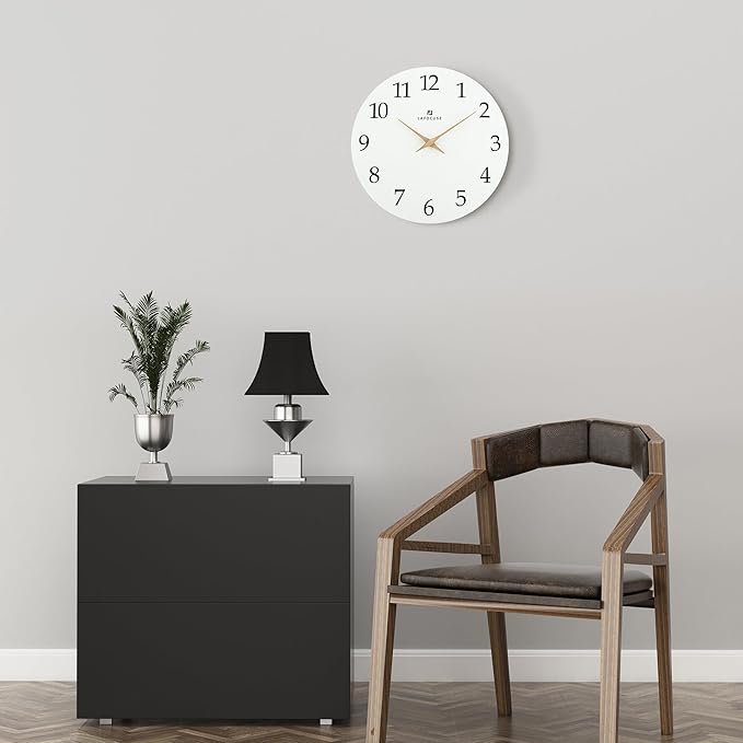 Lafocuse 12 Inch Silent White Wall Clock Battery Operated for Living Room Decor, Simple Minimalist Wooden Wall Clock for Kitchen Bedroom Office