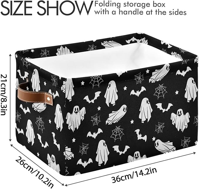 Collapsible Storage Basket Bin Happy Halloween Organizer Cube with Handle, Canvas, Black