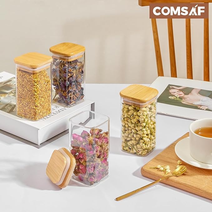 ComSaf 6Pcs 10 oz Large Spice Jars with Label Trial Set, Glass Spice Jars with Bamboo Lids Supplementary Set, Seasoning Container Trial Pack, Perfect for Ktichen Starter