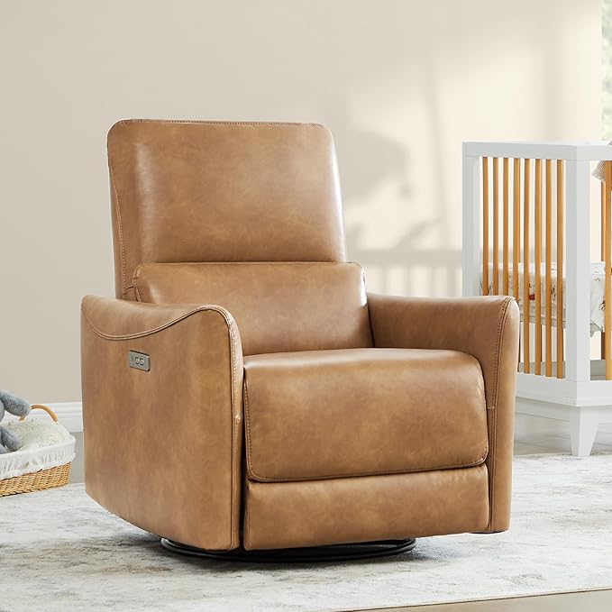 CHITA Power Recliner Chair Swivel Glider, FSC Certified Upholstered Faux Leather Living Room Nursery Reclining Sofa Chair with Lumbar Support, Cognac Brown