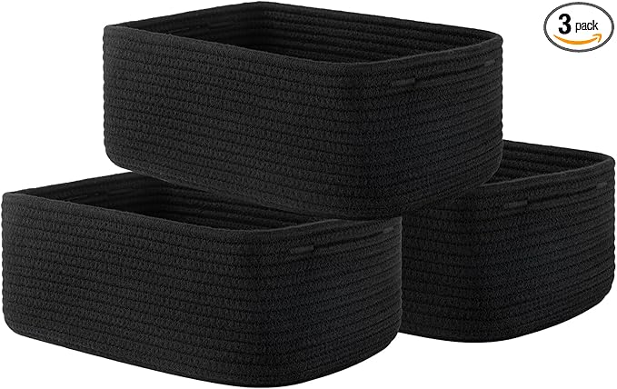 KALLAX Small Woven Basket, 13.5 x 9.5 x 5 Inches, Storage Basket for Organizing, Cute Small Rope Shelf Closet Cube Storage Bins Baskets for Shelves, Dog Toy Gift Baskets Empty, 3 Packs, Black