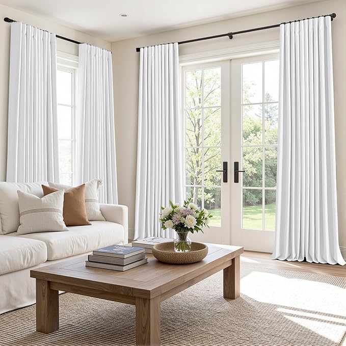 MIULEE 100% Blackout Curtains 108 Inch Long 2 Panels Set for Bedroom, Thick Faux Linen Black Out Curtain Room Darkening Back Tab Pleat Window Textured Drapes with Hooks for Living Room, Bright White