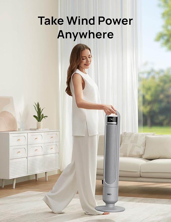 Dreo Tower Fan for Bedroom, 90° Oscillating Fan, Standing Fan with 3 Modes, 4 Speeds, 8H Timer Cooling Fans for Home, Living Room, Office, Grey, TF117