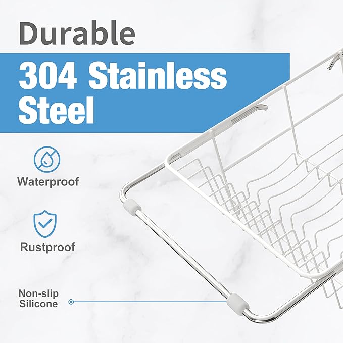 Dish Drying Rack in Sink, Small Dish Drainers for Inside Sink, Over The Sink Dish Racks, Stainless Steel Drying Rack with Utensil Holder, White