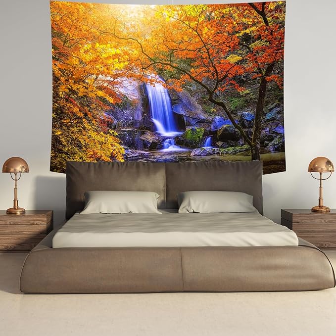Delur Waterfall Tapestry Forest Nature Scenic Tree Mountain Sunset Tapestry Wall Hanging Natural Landscape Sunrise Headboard for Bedroom Living Room Home Decor (51.2" x 59.1")