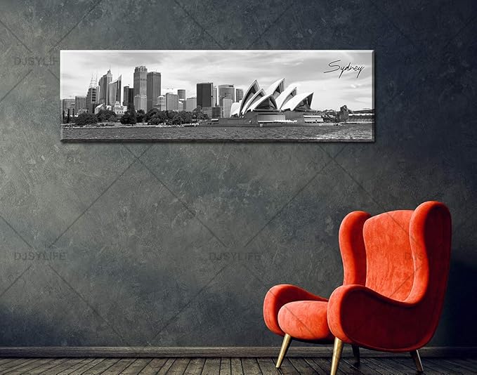 DJSYLIFE Sydney Skyline Wall Art Decor Canvas Print Black and White City Building Landscape Poster Australia Cityscape Modern Artwork Painting for Bedroom Office Home Decoration - 13.8" x 47.3"