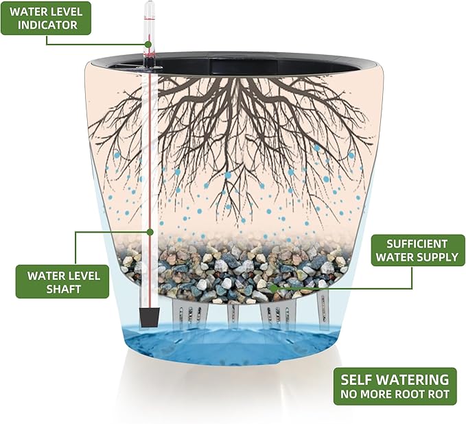 Dexceder 11x10 Inches Self Watering Planter Indoor Outdoor, Inner Pot Design, Thickened Table Flower Plant Pot with Water Level Indicator (Black Gold Crackle)