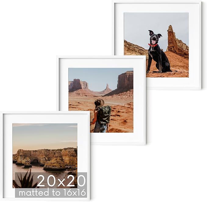 HAUS AND HUES 20x20 White Metal Picture Frames Matted to 16x16 - Features Premium Aluminum & Hanging Hardware, Shatterproof Plexiglass - Ideal for Home, Room, Office (20x20 in, White, Set of 3)