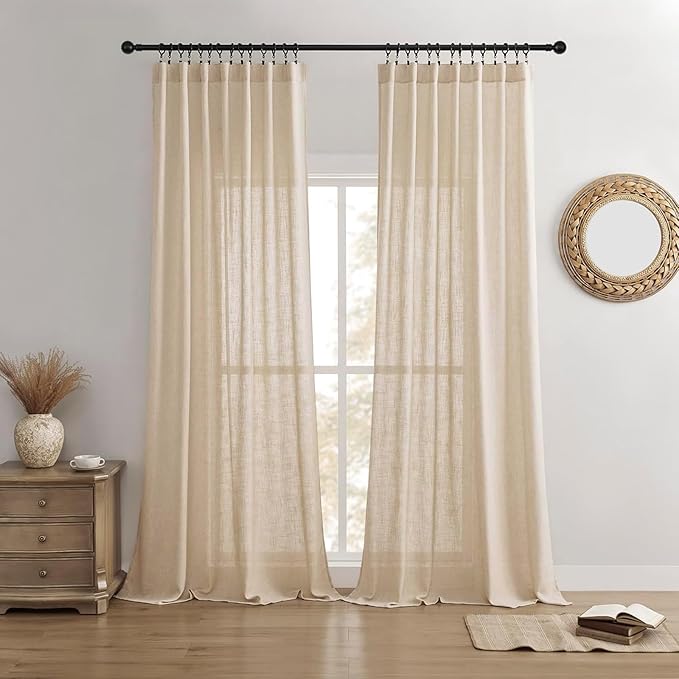 Joydeco Linen Curtains 96 Inch Length 2 Panel Sets,Light Filtering Curtains for Bedroom 52 Inch Wide Living Room Drapes with Back Tabs & Rod Pockets (W52 x L96 Inch, Ecru)