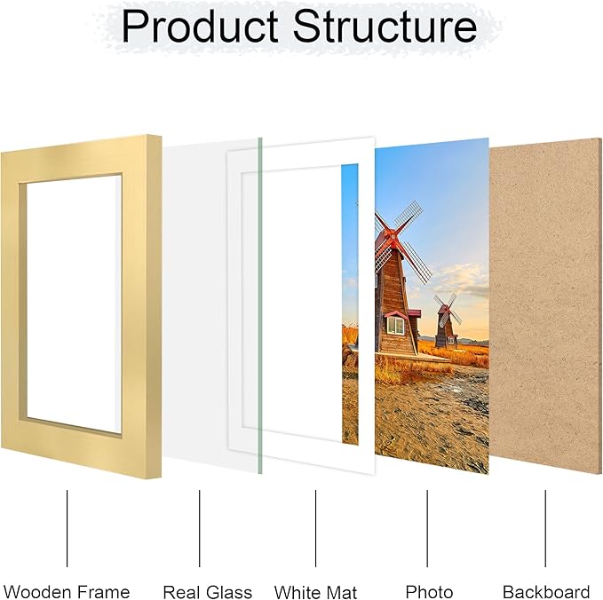 5x7 Picture Frame Set of 4, 5 x 7 Wood Photo Frames with Mat for 4x6, Wooden Frame with Real Glass Cover for Wall and Tabletop Display,Gold