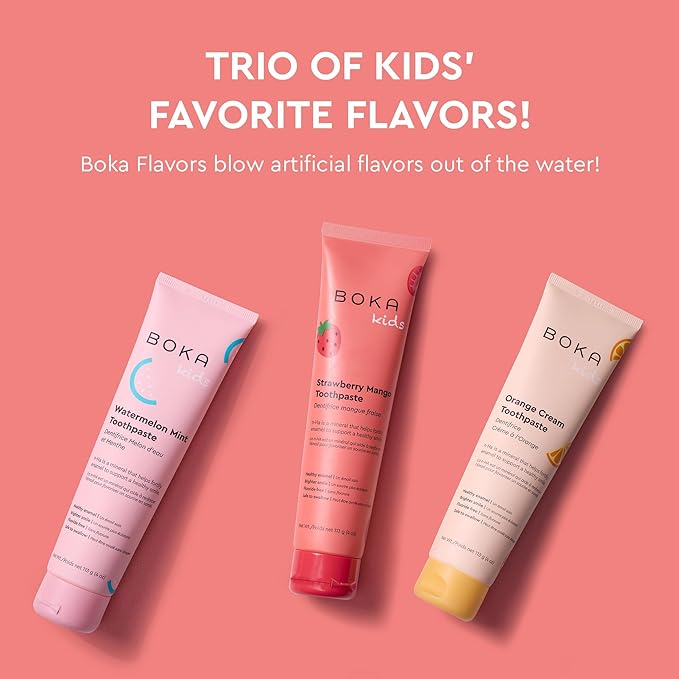Boka Fluoride Free Toothpaste Nano Hydroxyapatite Toothpaste - Orange Cream, Watermelon Mint, Strawberry Mango Flavor, 4 oz 3Pk US Manufactured