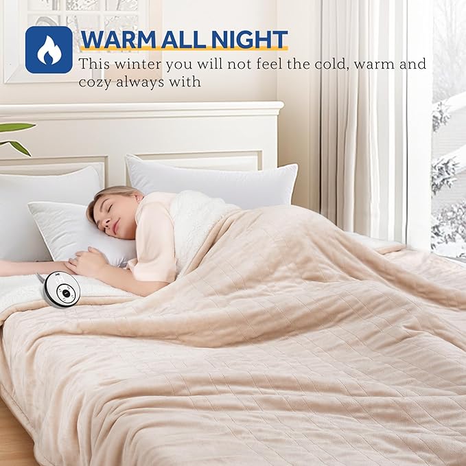 Sealy Electric Blanket Twin Size 62"*84",Super Cozy Flannel to Sherpa Reversible Heated Twin Blanket with 10 Heating Levels & 1-12 Hours Auto Off Overheating Protection Machine Washable, Beige
