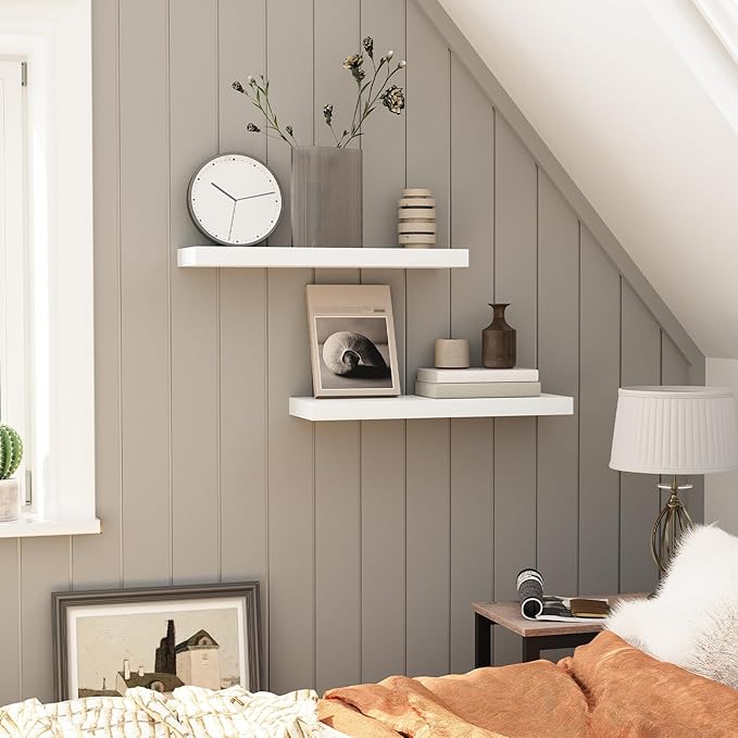 HOOBRO Floating Shelves for Wall, Wall Mounted Shelf Set of 2, 23.6" Hanging Shelf with Invisible Brackets, for Wall in Bathroom, Bedroom, Toilet, Kitchen, Living Room, Office, White WT60BJ01