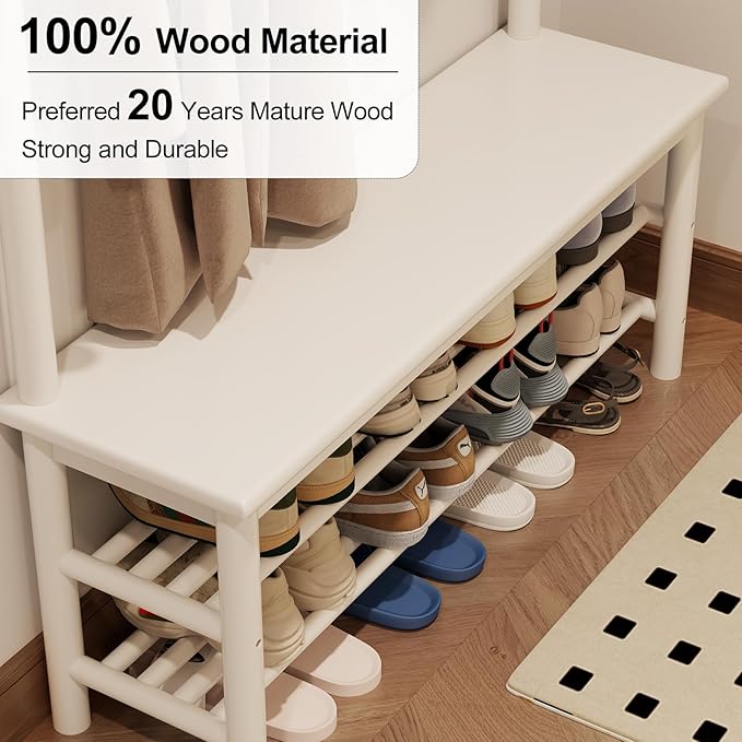 Coat Rack with Shoe Storage, Wooden Hall Tree with Bench, 11 Hooks and 2-Tier Storage Shelves, 3-in-1, Entryway Bench with Coat Rack (39.3"-Deep White)
