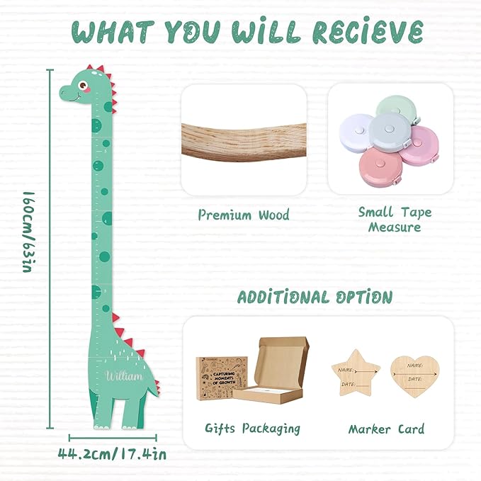 Personalized Name Growth Chart, Dinosaur Wooden Height Chart, Thick Height Measuring Board, Kids Height Tracker for Nursery Decor, Baby Boy Girl Measurement Ruler, Growth Charts Ruler
