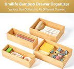 Umilife Bamboo Kitchen Utensils Organizer, Extra High Silverware Drawer Tray, Flatware Cutlery Storage Box, Multi-Use Holder in Office, Bathroom, Pantry - 15"x6"x2.5" (Set of 2)