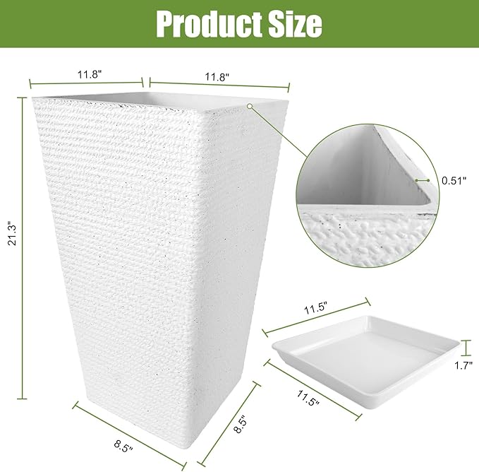 Tall Planters Set Of 2 for Outdoor Indoor Plants,21.3in Large Tapered Plant Pots with Drainage Trays Holes,White Resin Extra-Thick Flower Pots for Outdoor Patio Front Porch Backyard Decor