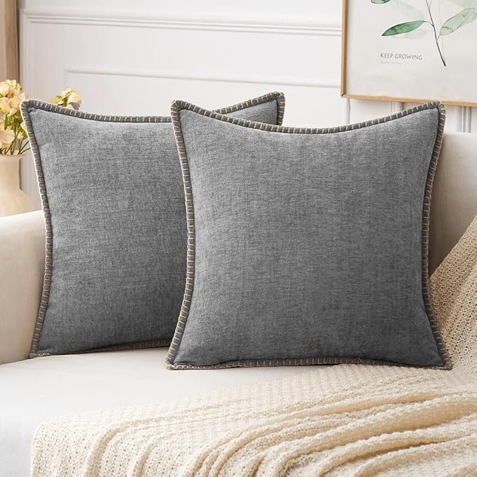 MIULEE Pack of 2 Couch Throw Pillow Covers 16x16 Inch Dark Gray Farmhouse Decorative Pillow Covers with Stitched Edge Soft Chenille Solid Dyed Spring Pillow Covers for Sofa Bed Living Room