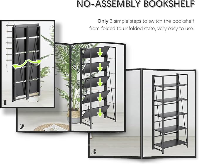 4NM No Assembly Foldable Bookshelf, 5-Shelf Collapsible Bookcase Storage for Small Spaces, 62.2" H, All Black