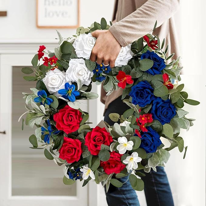 WANNA-CUL Patriotic Wreath Decorations, 24 Inch Rose 4th of July Wreaths for Front Door, Red White Blue Spring Door Wreath for Independence Day, Memorial Day for Indoor Outdoor Decor