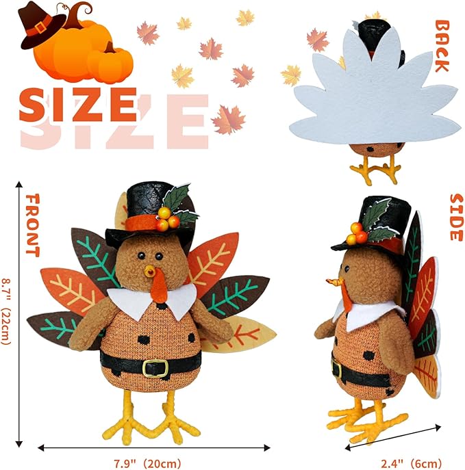 CRCZK Thanksgiving Turkey Decoration Fall Harvest Tabletop Decor Standing turkey with Dangling Legs, 2 Pack Plush Stuffed Turkeys Shelf Figurine Gift for Autumn Fall Harvest Halloween Home Decorations