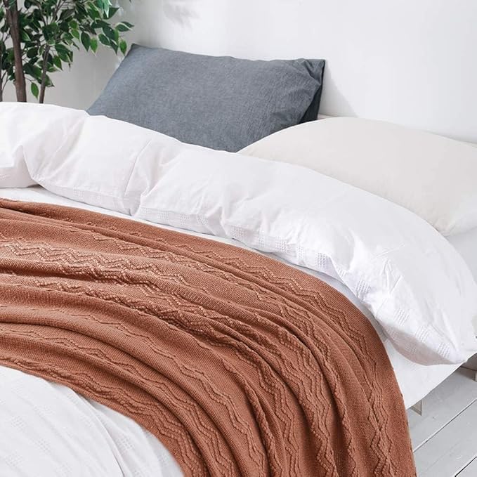 MIULEE Fall Orange Knitted Throw Blanket for Couch Boho Terracotta Rust Textured Cozy Woven Blanket with Tassels for Sofa Chair Bed Living Room Acrylic Wave Pattern 60"x80"