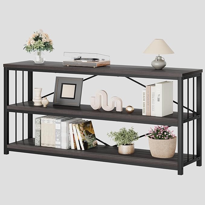 LVB 3-Tier Rustic Console Table, Extra Long Entryway Table with Storage, Industrial Skinny Wood Metal Sofa Table with Shelf, Modern Narrow Hallway Table for Foyer Living Room Bedroom, Dark Gray, 70 In