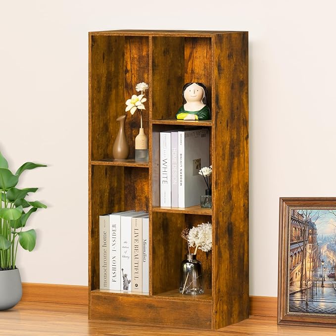LEYAOYAO 5 Cube Mid-Century Modern Brown Wood Bookcase, 3 Tier Storage Organizer Shelf, Rustic Display Cabinet for Bedroom, Living Room, Office