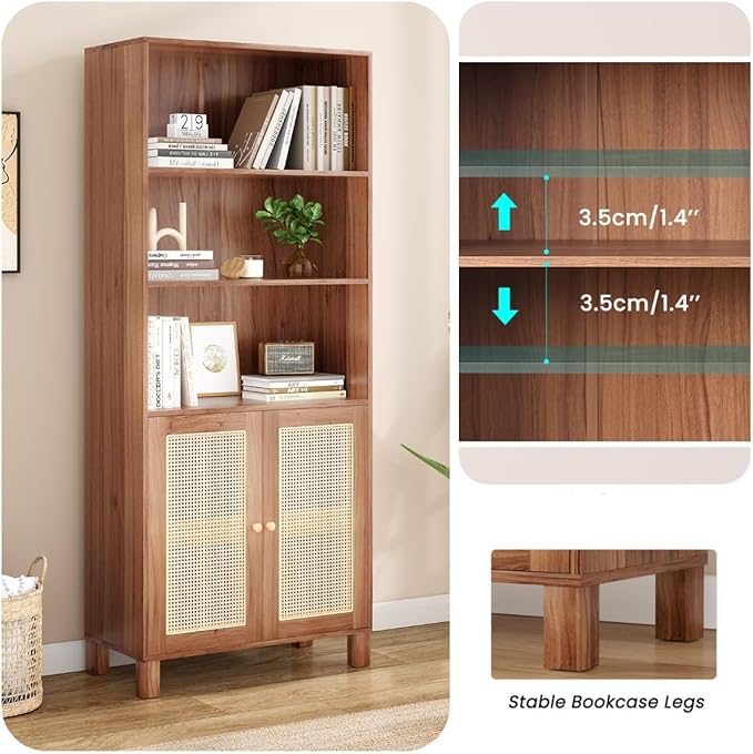 Tall Bookshelf, 5-Tier Book Shelf with 2 Rattan Doors, Freestanding Bookcase Display Shelves with Large Storage, Book Case for Living Room, Office, Study, Bedroom, 70.9 Inch