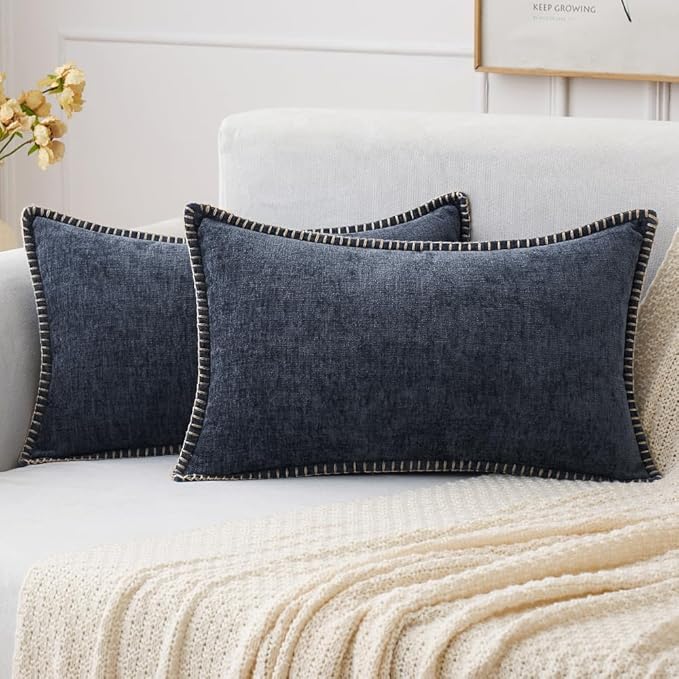 MIULEE Pack of 2 Couch Throw Pillow Covers 12x20 Inch Dark Blue Farmhouse Decorative Pillow Covers with Stitched Edge Soft Chenille Solid Dyed Spring Pillow Covers for Sofa Bed Living Room