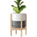 D'vine Dev Ceramic Planter with Natural Stand - 10 Inch Modern Round Flower Pot with Wood Planter Holder, White/Grey, 55-B-K-6