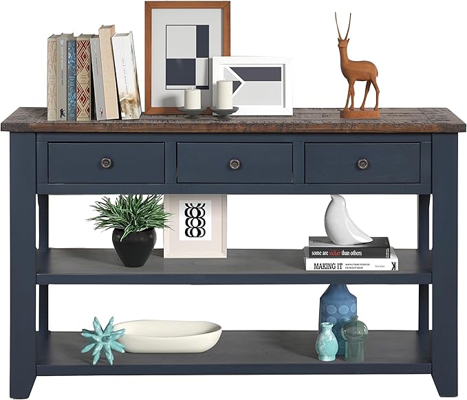 Solid Wood Console Table Sofa Table with Storage Drawers and Bottom Shelf Entryway Table for Entry Hallway Foyer Sofa Couch Table Fully Assembled (48.8" Blue)