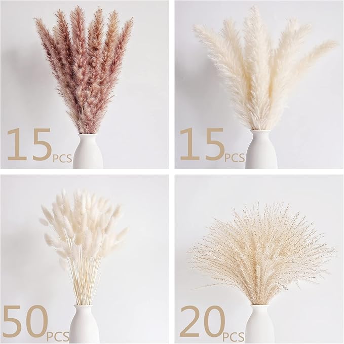 Natural Dried Pampas Grass Decor, 100 PCS Pampas Grass Contains White Bunny Tails Dried Flowers, Reed Grass Bouquet for Wedding Boho Flowers Home Table Decor, Rustic Farmhouse Party