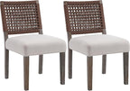 Kmax Farmhouse Dining Chairs Set of 2, Rustic Kitchen Chairs with Linen Fabric Seat and Woven Back, Vintage Accent Chairs for Dining Room, Living Room, Beige