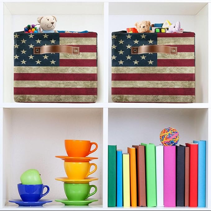 Storage Basket Bin Vintage Retro American Flag Organizer Basket Collapsible Shelf Basket Cube with handle for Nursery Bedroom Bathroom, one sizex1