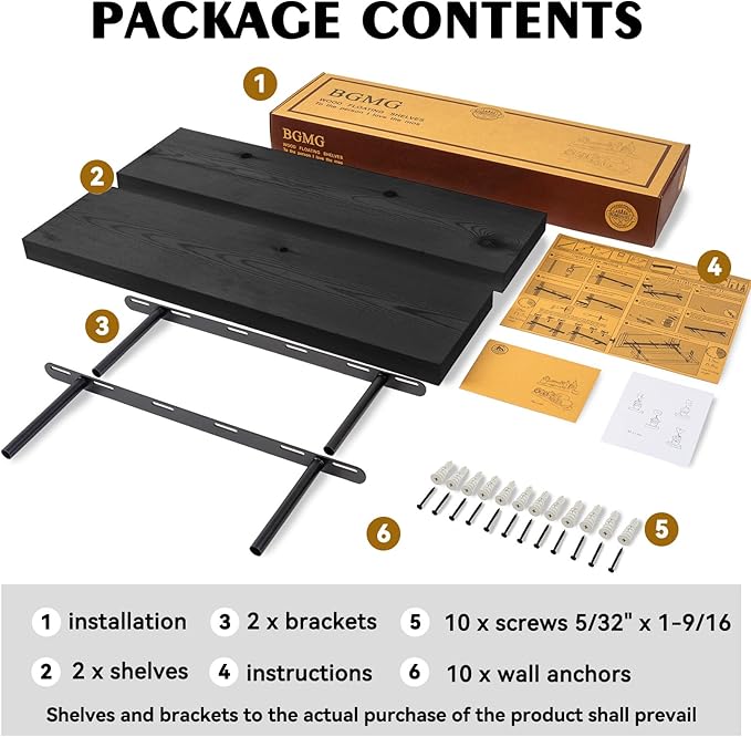 BGMG Wood Floating Shelves 16 inch, Wide Rustic Wooden Wall Shelves for Bathroom Living Room Bedroom Kitchen Farmhouse Set of 2-16x 6.7 x1.25 inch- Black