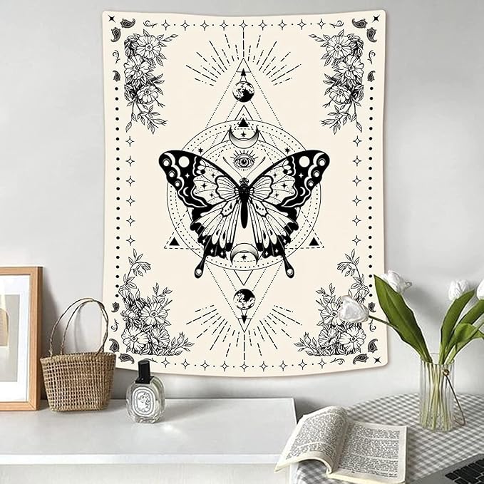 Lunerfex Boho Butterfly Tapestry Small Tapestry Tarot Tapestries Moon Phase Aesthetic Tapestries Wall Hanging for Bedroom and Living Room Decor Butterfly 60×80 Inches