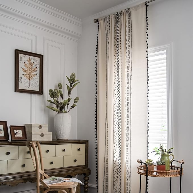 Sutuo Home Boho Curtain 84 Inches Length for Bedroom, Printed Cotton Linen Geometry Rod Pocket Chic Semi Blackout Bohemian Tassels Window Treatment for Living Room, 1 Panel 59" W x 84" L, Black