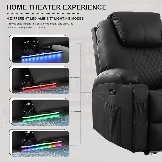 Power Recliner Chair with Heat and Massage, PU Leather Home Theater Seating with LED Lights/Cup Holders/Side Pocket/USB Port, Reclining Sofa Chair for Living Room (1, Black)