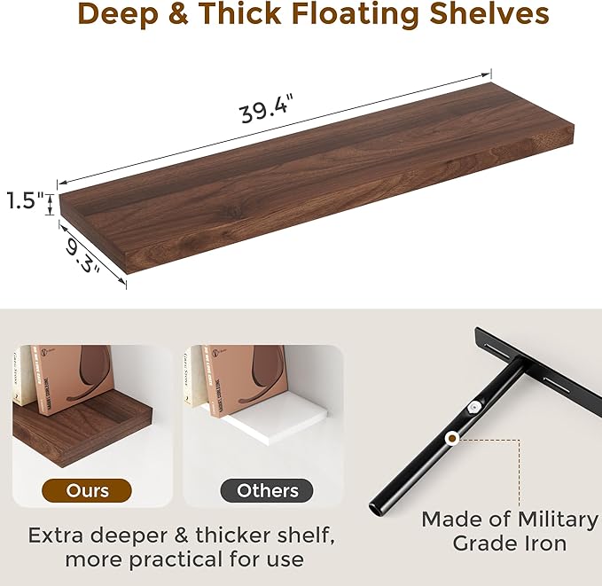 40 Inch Floating Shelvese, 40" W x 9" D Floating Shelf Set of 2, Farmhouse Wood Wall Shelves for Bedroom, Kitchen, Wall Mounted Deep Shelving for Home Decor, Walnut Color